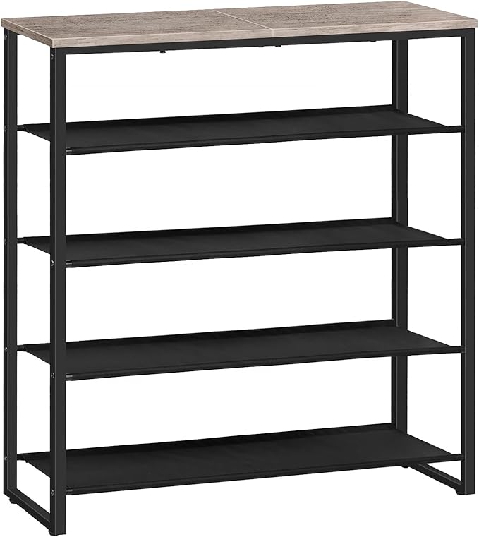 HOOBRO Shoe Rack, 5 Tier Shoe Storage Organizer with 4 Oxford Fabric Shelves and Top Panel, Holds 16-20 Pairs of Shoes, for Entryway and Closet, Industrial, Greige and Black BG50XJ01