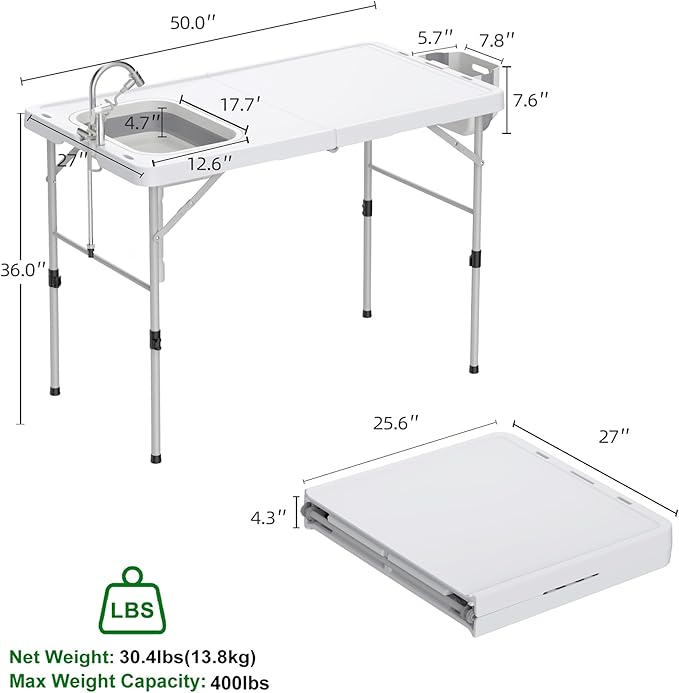 Allpop 50'' Folding Fish Cleaning Table with Foldable Sink, Fold-in-Half Portable Camping Fish Station with Foldable Faucet, Drainage Hose, Sprayer, Storage Box, Grooves & Carry Bag for Picnic, White