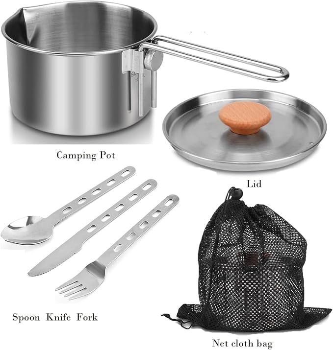 BSGB Camping Pot with Lid Fork Knife Spoon Bag and Detachable Handle 1L/34oz 304 Stainless Steel Pot Travel Coffee Pot Camping Tea Kettle Cookware Hiking Picnic Backpacking Survival