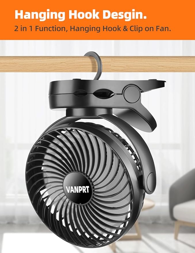 6'' Clip Fan, Portable Clamp Fans with Hanging Hook, 5000mAh Rechargeable Battery Fan, 3 Speeds, 720° Rotation, Quiet, Strong Grip Clamp, 7-30 Working Hours for Camp Stroller Bed - Black