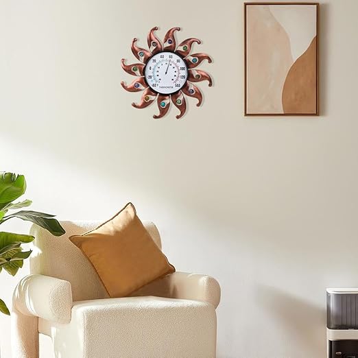 VEWOGITF Sun Outdoor Thermometer, Copper Wall Thermometer No Need Battery, 13.5" Dia Metal Indoor Thermomter with Beads Decor for Patio Home Room