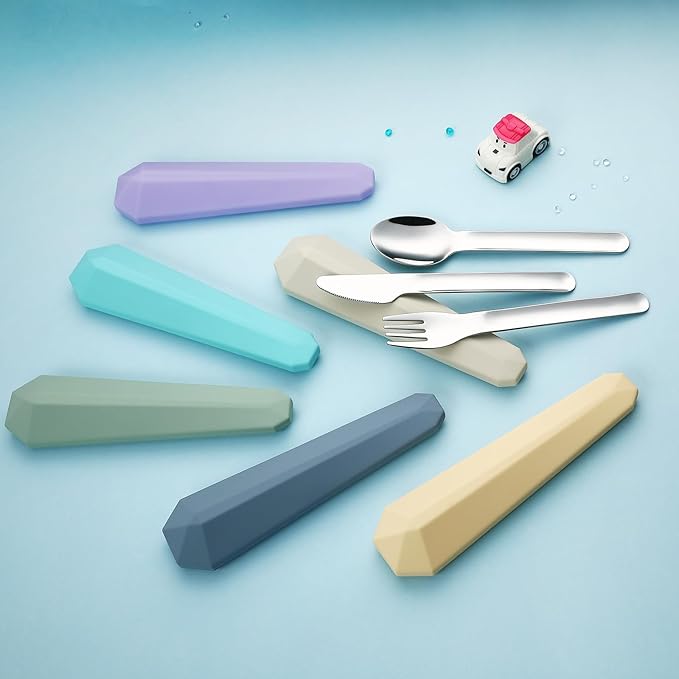 DEVICO Travel Utensils with Case, Reusable Camping Silverware Cutlery, 18/8 Stainless Steel Portable Fork Spoon Knife Set for Lunch Picnic School Workplace (Teal)