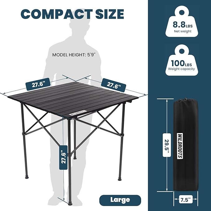 WILDROOTS Folding Camping Black Table with Carry Bag, Roll Up 4-6 People Portable Camp Square Tables for Picnic, Cooking, Beach, Travel, BBQ (L