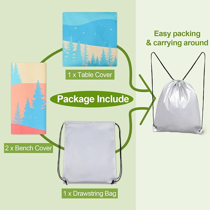 Picnic Table Cover with Bench Covers Camping Essentials Waterproof Windproof Camping Tablecloth with Drawstring Bag, Fitted Rectangle Tables and Seats, 60in, Red Blue