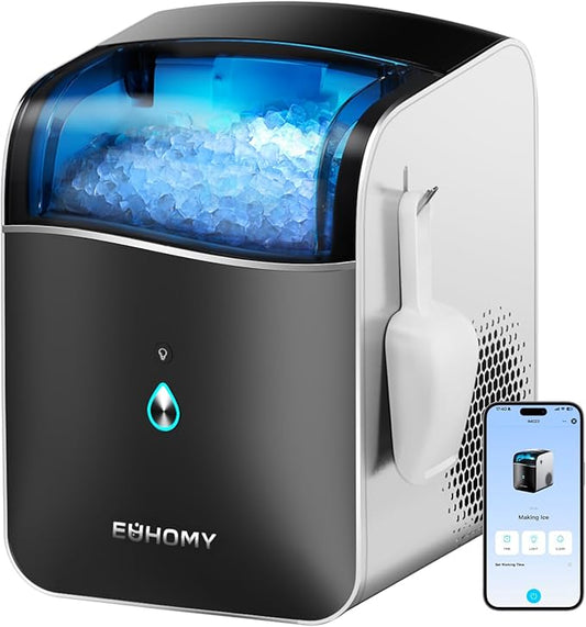 EUHOMY Smart Nugget Ice Maker Countertop, Portable Sonic Ice Maker with APP Control, 40lbs/24H, Ready in 8 Mins, Self-Cleaning, Pebble Ice Machine with Hanging Ice Scoop for Home/Kitchen/Office