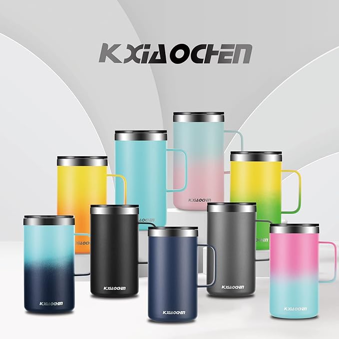 KXIAOCHEN 20oz Insulated Coffee Mug with Lid, Stainless Steel Coffee Cup, Double Wall Vacuum Coffee Tumbler with Handle, Premium Thermal Travel Coffee Mug (Blue green Navy 2Pack)