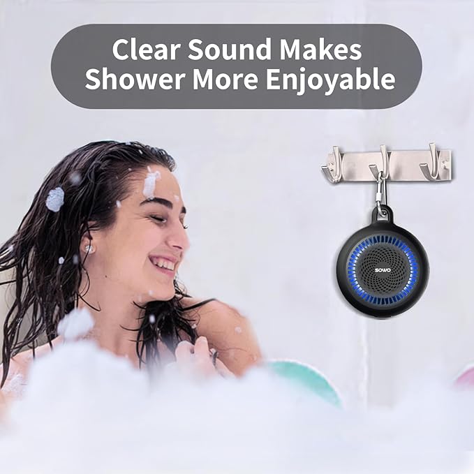 SOWO Shower Speaker Bluetooth Waterproof | Small Portable Wireless Bluetooth Speaker with Clip | Powerful Bass and Louder Volume | Colorful Lights and Lightweight | for Bathroom,Travel,Beach | Black