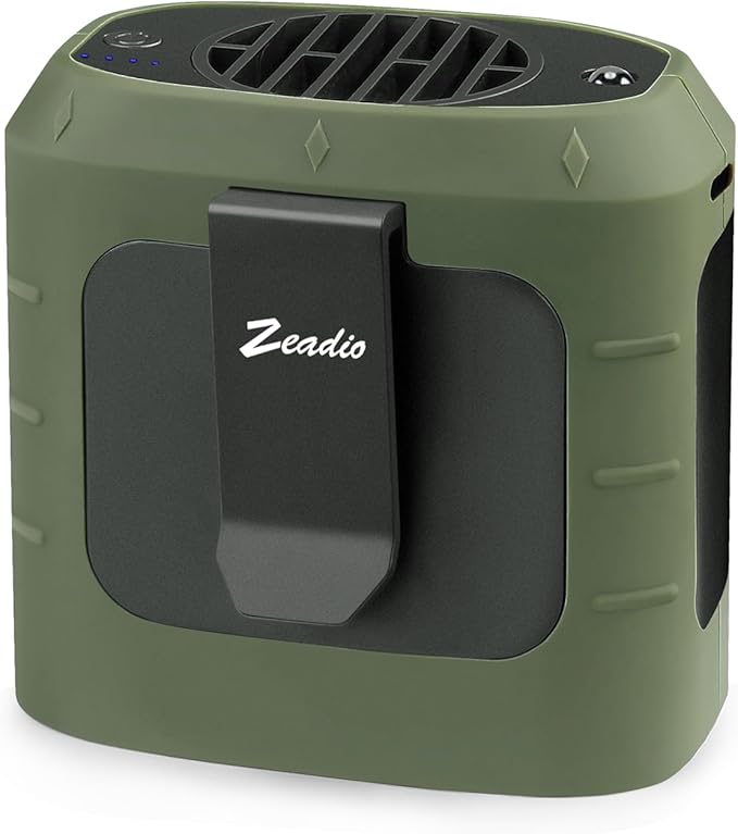 Zeadio Portable Waist Clip Fan, 3 Speeds 10000mAh Operated Hands-free Wearable Necklace Fan, with lighting function for Hot Flashes Home Office Travel Outdoor Sports - Green