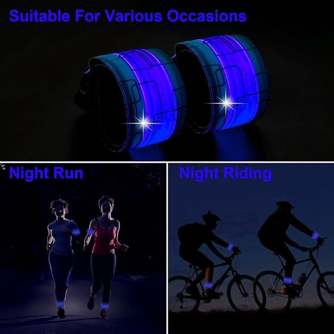 LED Safety Wristband Lights - Rechargeable Light Up Arm Ankle Band Kids Magic Slap Glow Bracelets Reflective Belt High Visibility for Night Cycling Walking Joggers Running Gear