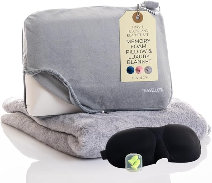 Travel Pillow and Blanket Set - 4-in-1 Ultimate Travel Kit with Memory Foam Pillow, Travel Blanket, Sleep Mask, and Earplugs-Ultimate Comfort and Coziness for Your Journeys - Grey