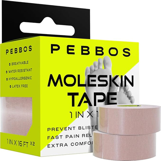 Moleskin Tape - 1in x 16ft - Blister Prevention Tape, Medical Padding Tape | Water Resistant & Hypoallergenic | Thin Mole Skin Padding & Athletic Tape for Running, Hiking, Walking - 2 Rolls