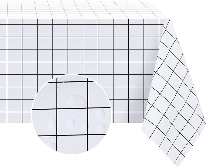 Romanstile Rectangle Plastic Tablecloth, 100% Waterproof Oil-Proof Checkered PVC Table Cloths, Heavy Duty Vinyl Table Covers for Dining, Camping, Picnic, Outdoor - 60 x 84 Inch, White