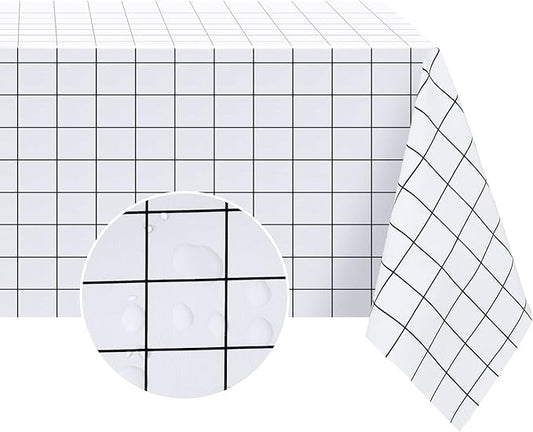 Romanstile Rectangle Plastic Tablecloth, 100% Waterproof Oil-Proof Checkered PVC Table Cloths, Heavy Duty Vinyl Table Covers for Dining, Camping, Picnic, Outdoor - 60 x 102 Inch, White