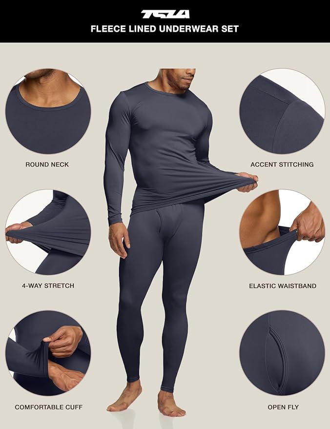 TSLA Men's Thermal Underwear Set, Microfiber Soft Fleece Lined Long Johns, Winter Warm Base Layer Top & Bottom