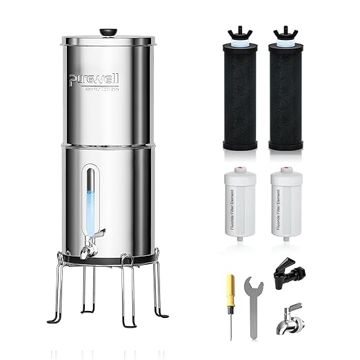 Purewell 1.5G Gravity Water Filter System with Water Level Window, 8-Stage 0.01μm Ultra-Filtration Stainless Steel Countertop System with 4 Filters and Stand, Reduce Fluoride and Chlorine, PW-MKS-CF