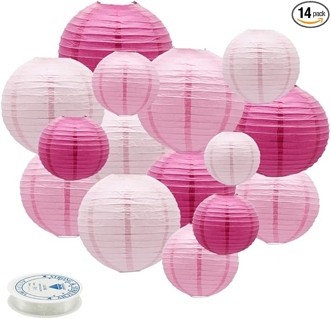 Round Chinese Paper Lanterns Decorative 15pcs Wedding Birthday Party Valentine's Day Baby Showers Decoration (Pink)