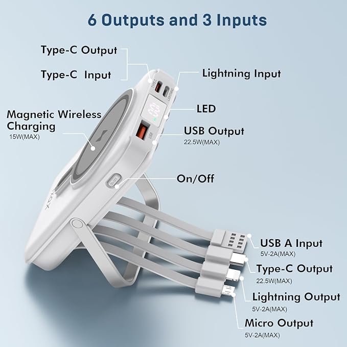 Wireless Portable Charger 10000mAh,Magnetic Power Bank with Built-in Cables LED Display,22.5W PD Fast Charging for Magsafe Battery Pack Compatible with iPhone16/15/14/13/12/Pro/Pro Max (White)