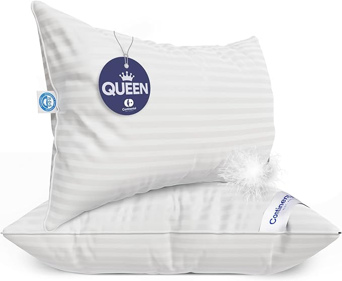 Continental Bedding | Serenity Goose Down Pillow | 700 Fill Power Hungarian White Down | 400TC Cotton Damask Shell | Made in USA | Medium, Queen (Pack of 2), 2 Count