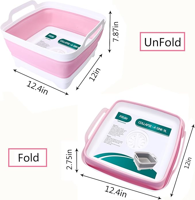 2.4 Gal(9L) Collapsible Dish Basin with Drain Plug,Space Saving Multiuse Foldable Sink Tub,Dishpan,Kitchen Sink for Camping,Plastic Tub,Vegetable Washing,RV…