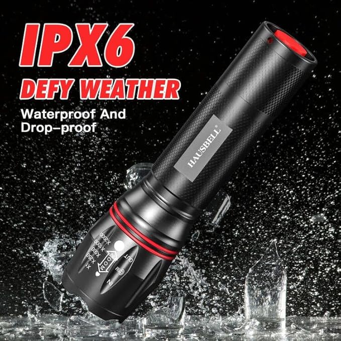 HAUSBELL T8 Upgraded Flashlight Bright, Zoomable Tactical LED Flashlights Flash Light with High Lumens and Five Modes and Camping Accessories, 4 Pack