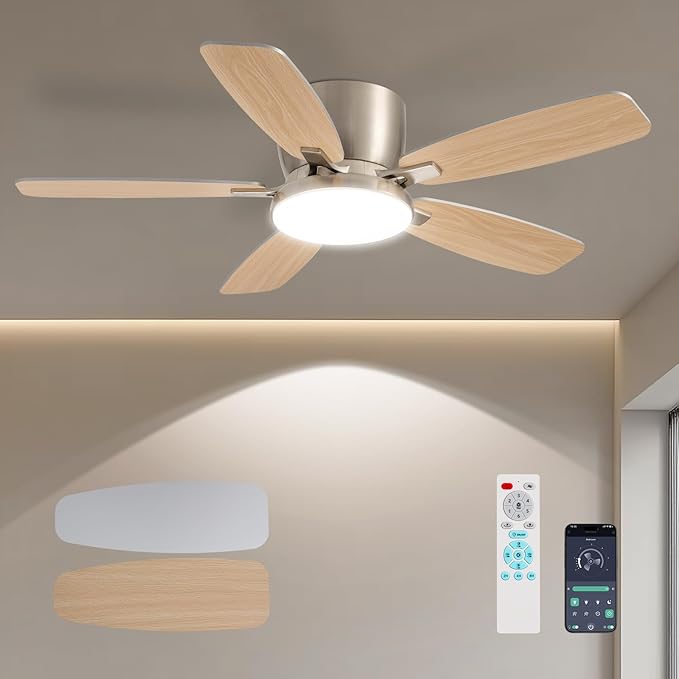 Ceiling Fans with Lights, 44" Low Profile Ceiling Fan with Light Remote Control, 6 Speed 35dB Ultra Quiet Smart Ceiling Fan with Reversible DC Motor, Dimmable 3CCT LED for Bedroom/Living Room