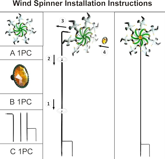 Seagull Wind Spinners - 39" Ocean-Themed Metal Wind Sculptures Garden Stake Art, 13.5” Windmill Yard Kinetic, Outdoor Decor for Patio & Lawn - Metal Beach Sculpture with Seagull Design