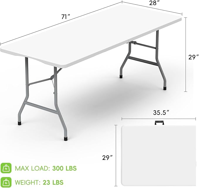 HLPB 6ft Folding Table with Handle & Safety Locks - Portable Picnic & Camping Table, Indoor/Outdoor Dining & Work Table for Weddings & Parties Plastic Construction