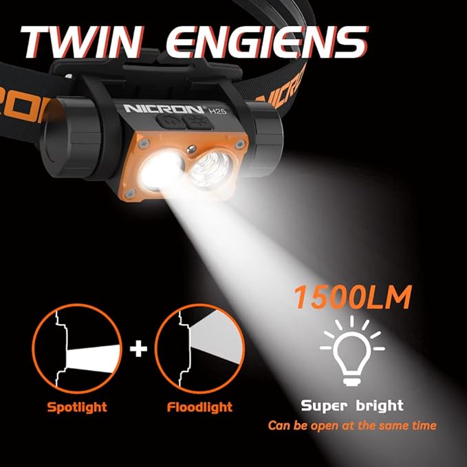 NICRON Headlamp Rechargeable, High Bright 1500 lumens 180° Rotating Aluminum LED Head Lamp with 3 Light Sources 10 Modes Waterproof Head Flashlight H25 for Camping Hunting Running Fishing Biking