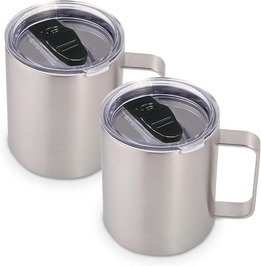 Volhoply 14oz Insulated Stainless Steel Coffee Mug with Lid Bulk 2 Pack,Double Wall Vacuum Travel Coffee Cup with Handle,Reusable Metal Cups Tumbler,Camping Mugs Keep Hot,Ideal Gifts(Silver,2)