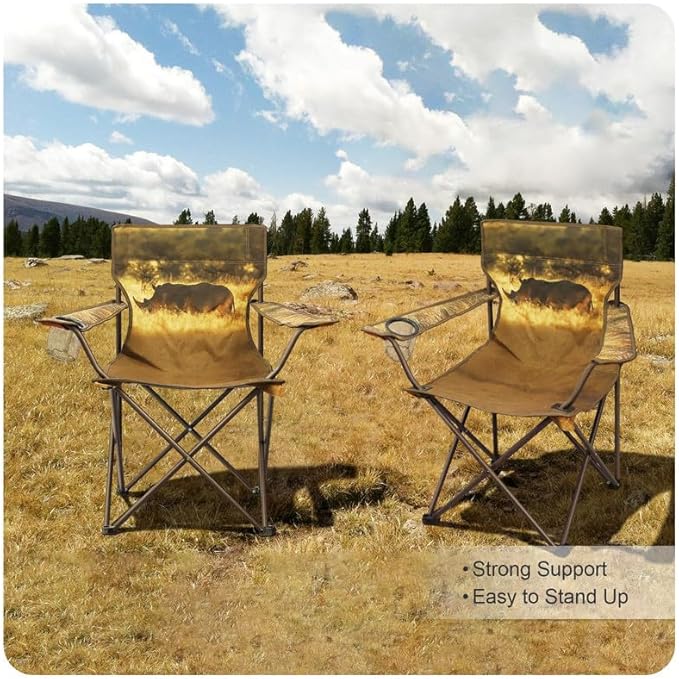 2 Pcs Animal Pattern Camping Chair,Folding Backpacking Lightweight Beach Chair w/Cup Holder,Side Pocket,Carry Bag,Portable Adults Lawn Chair for Family Outdoor,Hiking,Parties,Rhinoceros