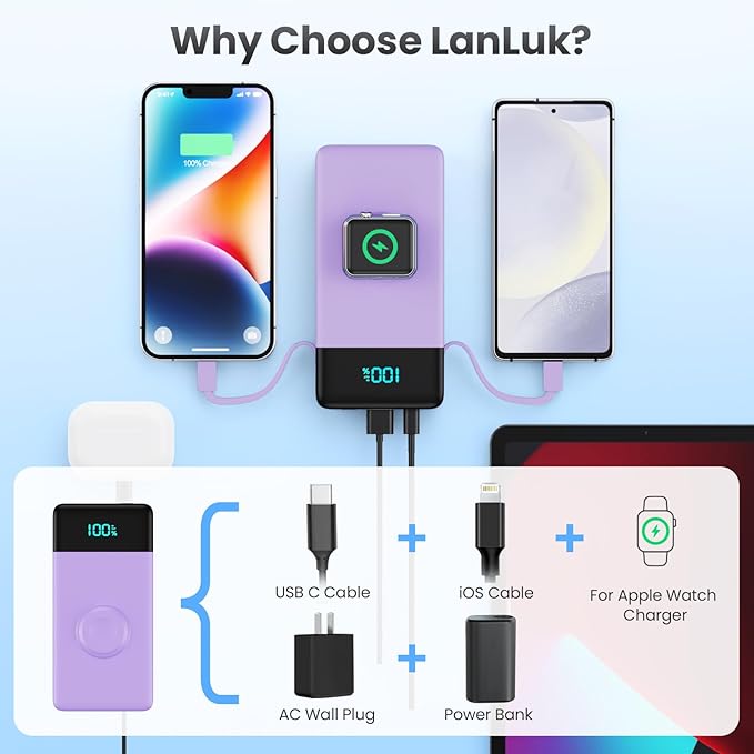 Portable Charger for iPhone with Built in Cables & Wall Plug,6-in-1 10800mah Power Bank with iWatch Charger,22.5W PD Fast Charging LCD Display Battery Pack for iPhone 16/15,Android,Apple Watch-Purple