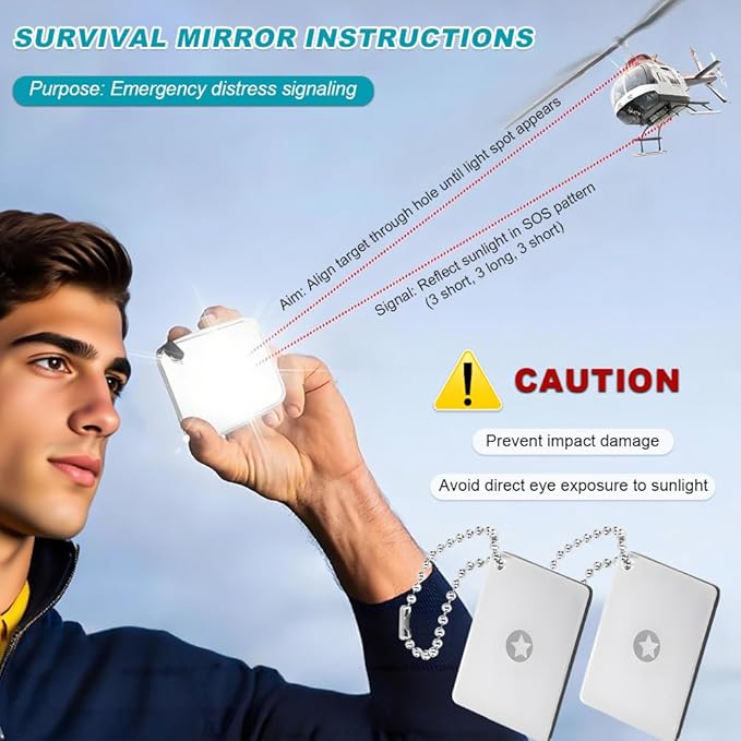 Military Grade Survival Signal Mirror, 2Pcs Heliograph Rescue Signaling Mirror for Hiking, Boating, Camping & Emergency