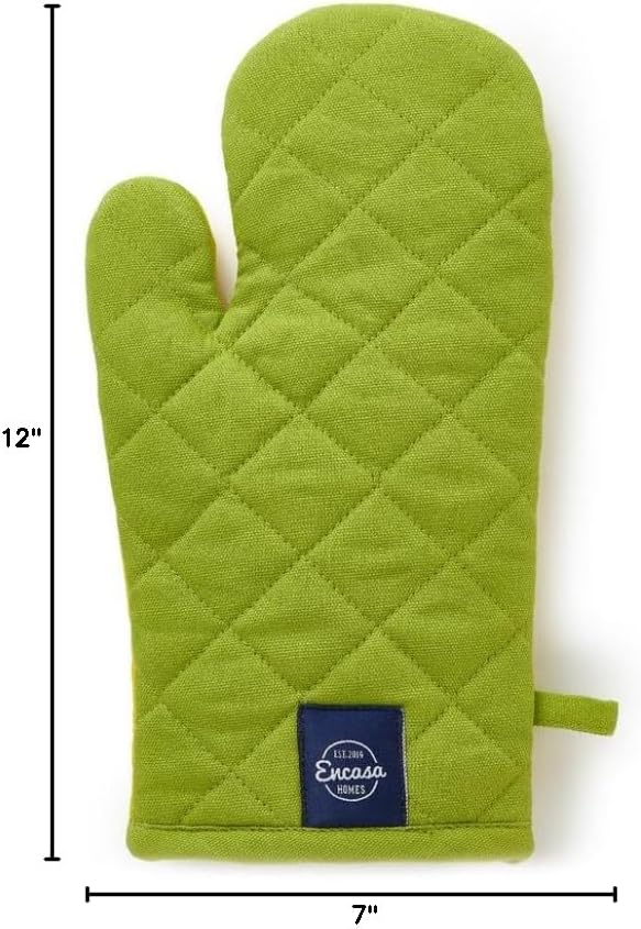 Encasa XO Heat Resistant Cotton Oven Gloves Mitts (2 Pc Set) - Quilted & Safe 12x7 in - for Kitchen, Cooking & Baking, Grilling, Handling Hot Pots & Pans - Lime Green