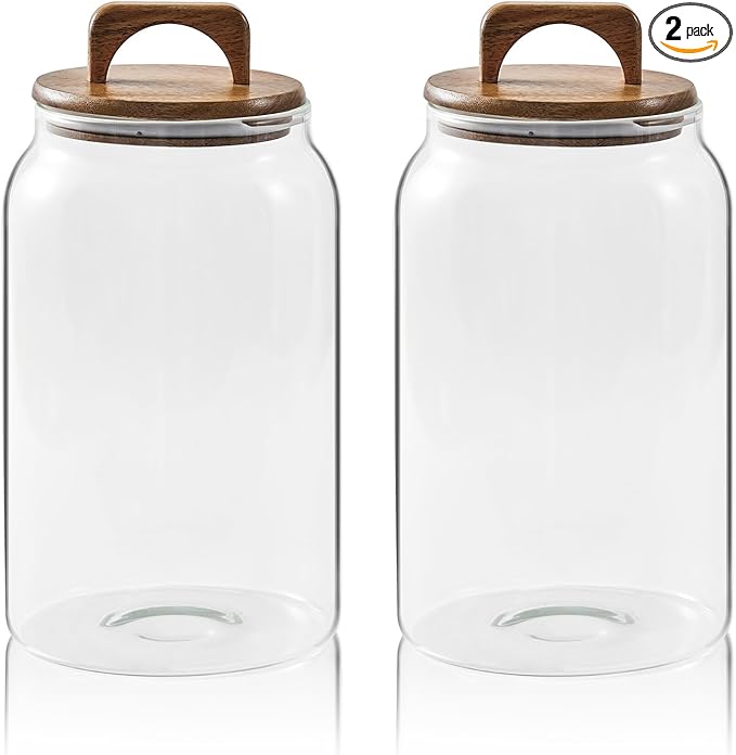 Sweejar Large Glass Candy Jars with Wooden Lids, 1 Gallon Glass Jar with Lid, Sugar/Flour Storage Containers, Big Glass Canisters with Airtight Lid, 2 Pack, Hand Lid