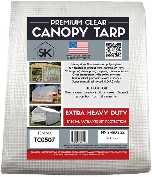 16 Mil Clear Poly Heavy Duty Tarp with Fiber Reinforcement - True Size Tarps with UV Protection, Tear Resistance, Flexibility, Reinforced Corners 5x7