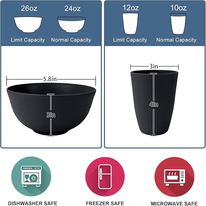 Wheat Straw Plate and Bowl sets with cups and cutlery set of 64- Unbreakable Dinnerware sets service for 8 - Microwave and Dishwasher safe dish sets for kitchen,camping.Black