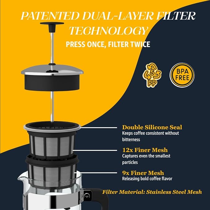 ESPRO - P5 French Press Coffee Maker – Patented Double Microfilter for Sludge and Grit Free Coffee – Made in Taiwan, Black, 18 oz