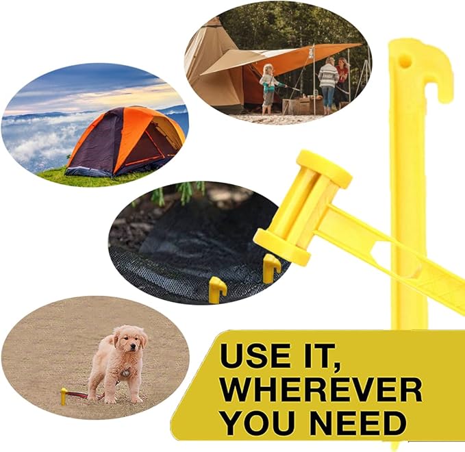 AITIME 30 Pcs 9 Inch Plastic Tent Stakes with 1 Yellow Puller Hook, Durable Garden Lawn Tarp Stakes, Tent Spikes Nails Pegs Hammer for Outdoor Beach Camping Courtyard Decorative Accessories