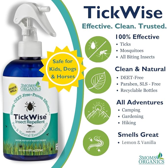 3 Moms Organics TickWise 8oz, Made with All Natural Essential Oils, DEET-Free, Tick and Insect Repellent, Plant Based Essential Oils, All Natural Ingredients Great for Adults, Kids, Dogs & Horses