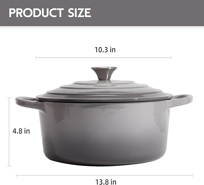 6 Quart Dutch Oven Enameled Cast Iron with Lid - Big Dual Handles - Oven Safe up to 500°F - Classic Round Pot for Versatile Cooking (Light Gray, 6 QT)