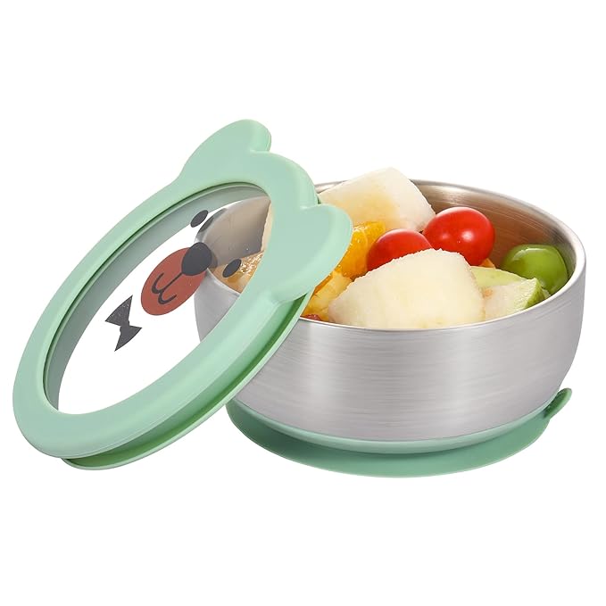 MR. CHOU Baby Bowls with Non-Slip Silicone Suction Cup, Insulated Double-Layer 304 Stainless Steel Toddler Bowls with BPA Free Airtight Lids, Food-Grade Silicone Safe for Kids (Green)