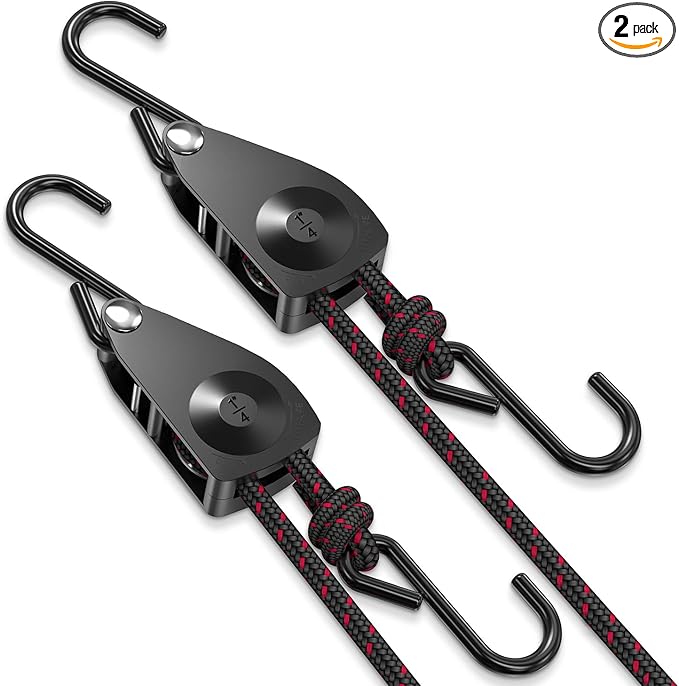 VIPARSPECTRA Ratchet Tie Down Straps, 1/4" Adjustable Rope Hangers [2 Pack, 12FT, 150 lbs/Pack], Heavy Duty Kayak Pulley System with Hooks for Garage Cargo Trucks Tents Grow Lights Various Lashing