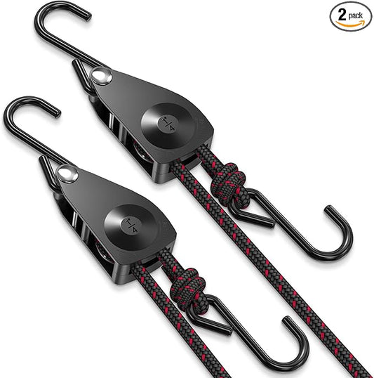 VIPARSPECTRA Ratchet Tie Down Straps, 1/4" Adjustable Rope Hangers [2 Pack, 12FT, 150 lbs/Pack], Heavy Duty Kayak Pulley System with Hooks for Garage Cargo Trucks Tents Grow Lights Various Lashing