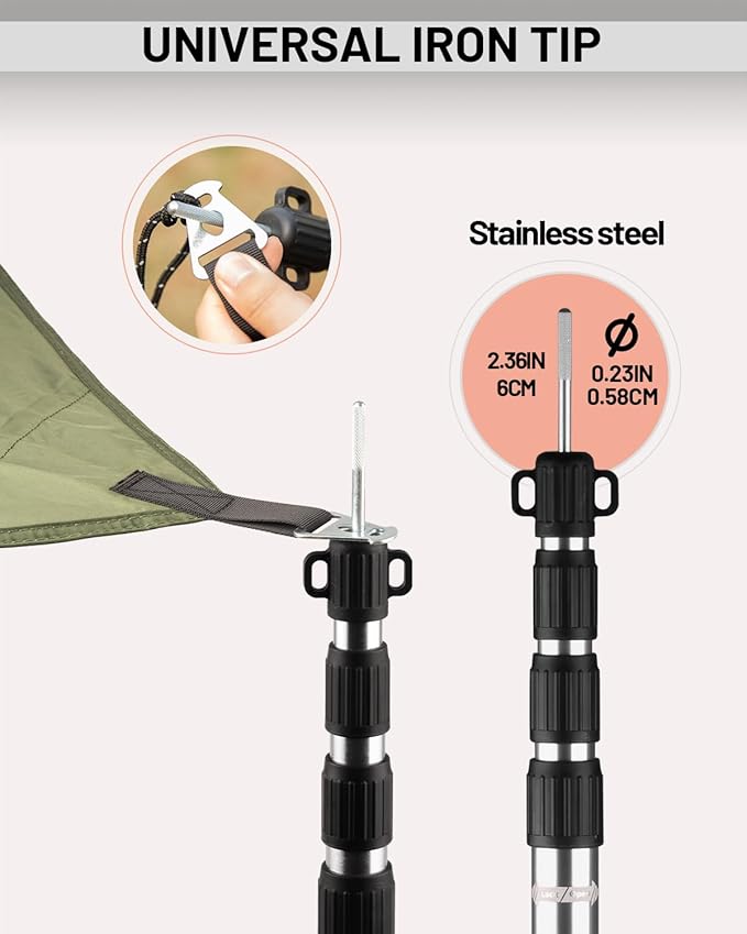 Tarp Poles Heavy Duty Adjustable, AVOFOREST Aviation Aluminum 8.7FT Tent Poles Lengthen and Thicken with Protection Cap Awning Poles Set of 4 for Hiking Silver