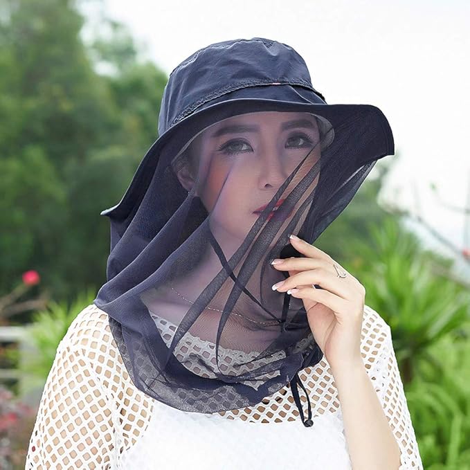 Mosquito Head Net Hat, Safari Sun Hat with Veil Mesh Protection from Insect