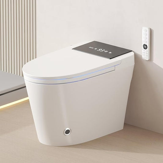Smart Toilet with Built-In Bidet, Heated Seat, Dual Auto Flush, Warm Water & Dry Function, Tankless Design, Foot Sensor, Modern Elongated Electric, LED Display and Night Light, Wireless Remote Control