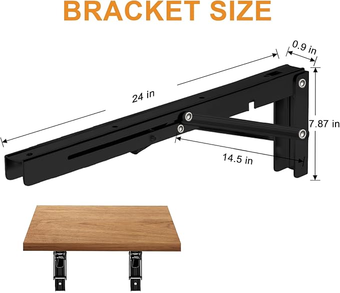 Folding Shelf Brackets - Heavy Duty Metal Collapsible Shelf Bracket for Bench Table, Shelf Hinge Wall Mounted Space Saving DIY Bracket, Max Load: 150 lb (24 Inch, Black)