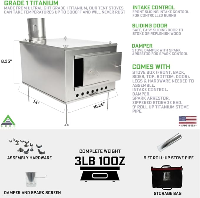 Seek Outside Titanium Wood Stove for Backpacking Camping Hunting | SXL Stove With 9' Pipe