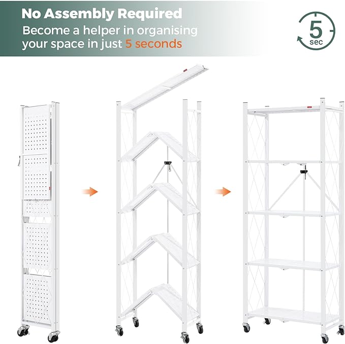 DEANIC 5-Shelf Folding Bookcase with Wheels, Rolling Bookshelf Heavy Duty Storage Shelves, Freestanding Metal Wire Shelving Unit for Living Room, Office, Kitchen, Basement, Pantry (White)