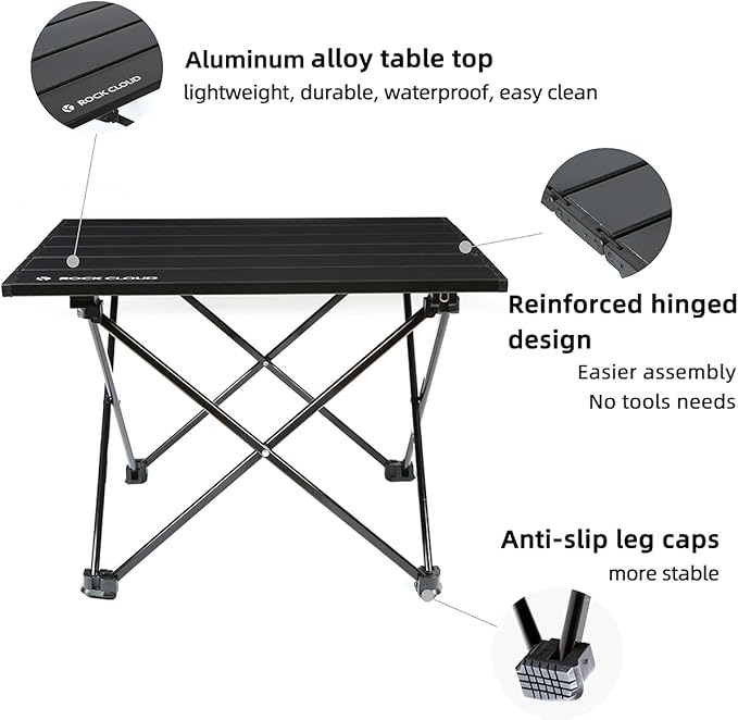 ROCK CLOUD Portable Camping Table Ultralight Aluminum Folding Beach Table Camp for Camping Hiking Backpacking Outdoor Picnic, Black
